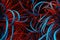 Abstract illustration of messy blue and red strings for a background or wallpaper