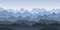 Abstract illustration of mountains silhouette view. Vector graphic landscape with mountains and trees. Morning panoramic with fog