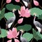 Abstract illustration of a white red-headed crane on a black background of pink lotuses with leaves.