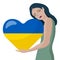 Abstract illustration, young crying woman hugging heart, Ukrainian flag. Poster against the war in Ukraine