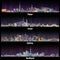 Abstract illustrations of Tokyo, Seoul, Sydney and Auckland skylines at night.