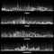 Abstract illustrations of Tokyo, Seoul, Sydney and Auckland skylines at night in grey scales.