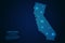 Abstract image California map from point blue and glowing stars on a dark background