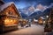 Abstract image with a charming Christmas Market in Italy, Dolomites Mountains, South Tyrol scenics, AI generated.