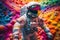 Abstract image of cosmonaut in colors of rainbow