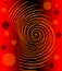 Abstract image with glowing orange spiral and circles on red and black gradient background, fiery infernal emotion