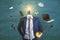 Abstract image of headless businessman with idea head, laptop, guitar and other items flying around on chalkboard wall background