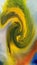 Abstract image of a hurricane. Wavy lines and spots twisted into a spiral. Yellow, green, brown, orange on blue. Hurricane symbol.