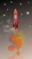 Abstract image. The rocket flies into space, with orange and yellow smoke, stars, and dark space background