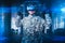 The abstract image of the soldier use a VR glasses for combat simulation training overlay with the hologram. the concept of virtua