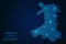 Abstract image Wales map from point blue and glowing stars on a dark background