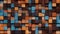 An abstract image of a wooden mosaic wall consisting of an array of colored cubes. Seamless backdrop. Generative AI