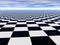 Abstract infinite chess floor and cloudy sky