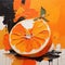 An abstract interpretation of an orange fruit, with bold brushstrokes and a mix of warm and cool tones