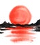 Abstract japanese landscape. Red circle of the sun is reflected in the water. Sunrise and sunset in the peas. Black silhouette of