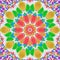 Abstract kaleidoscope pattern background of fruit jelly rainbow wedges slices on white sugar sand background. Sweets kaleidoscope.