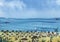 Abstract landscape. Blue sky, azure sea with ships, crowded beach Palms, yellow sand .