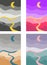 Abstract landscape colorful background. River, hills art poster set of illustration