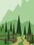 Abstract landscape design with green trees and hills, a road and wooden fence, flat style