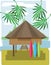 Abstract landscape design with palm trees and clouds, wooden tribal house with surf boards, flat style