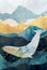 abstract landscape illustration concept with gold, marble, watercolor mountain and whale. Abstract wallpaper and