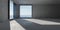Abstract large, empty, modern concrete room with large corner windows with ocean view and rough floor - industrial interior