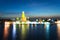 Abstract light bokeh of Wat Arun Temple with Chaophraya river- Bangkok
