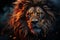 Abstract lion with fiery fur, black backdrop, majestic mane