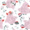abstract lite pink bird pattern in spring and colorful green floral with dark wood on white
