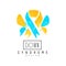 Abstract logo template with ribbon and butterfly wings. Creative blue and yellow vector emblem for Down Syndrome medical