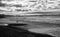 Abstract Lone Surfer Enters Water at Morro Rock with Clouds Sea