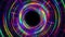 Abstract loop of rainbow colorful rings. Glowing rays from center. 3D motion graphics