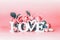 Abstract love concept with word love and pastel pink roses at trendy living coral color background. Creative romantic layout.