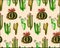 Abstract lovely mexican tropical floral herbal summer green set of a cactus paint like child on beige background