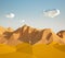 Abstract low poly background with sand desert and white stones flying in the air . Early morning sunny illustration with