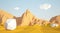Abstract low poly background with sand desert and white stones flying in the air . Early morning sunny illustration with