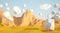 Abstract low poly background with sand desert and white stones flying in the air . Early morning sunny illustration with