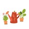 Abstract lush plants in flowerpots and red retro watering can. Domestic gardening illustration in modern simple flat art style.