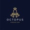 Abstract luxury octopus logo with crown icon design in gold color vector illustration isolated on dark background