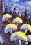 Abstract magic mushrooms on a winter blue background. Forest of spruce trees. Snowing original oil painting. Impressionism. Art.