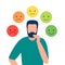Abstract man control change emotions, fake face. Male play role, choice emotion, control reaction. Vector illustration