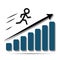 Abstract man quickly moves on the growing diagram bars and black arrow. Vector illustration