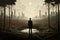 An abstract man stands in front of a cleared forest and a city in the distance. Environmental pollution and