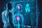 Abstract medical technology with human body hologram scanning. generative ai