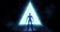 Abstract minimal background. Blue triangular glowing Portal. Silhouette of robot standing in front of futuristic portal