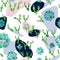 Abstract minimalist seamless pattern. Pastel rose, blue and black stains with watercolor cactus and echeveria plants on