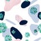 Abstract minimalist seamless pattern. Pastel rose, blue and black stains with watercolor echeveria plants on white