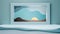 Abstract minimalist sunset or sunrise scenery through window conceptual 3D rendering illustration