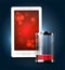Abstract mobile phone with red wallpaper and discharged battery