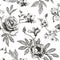 Abstract modern floral seamless pattern with hand drawn flower in Toile de jouy style. Retro elegance repeat print